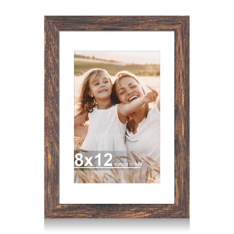 Hongkee 8x12 Picture Frame with Glass, Display Pictures 6x9 with Mat or 8 x 12 without Mat - Wall and Tabletop, 8 by 12 Photo Wooden Frames (Rustic Brown, 1 Pack) - Image 1