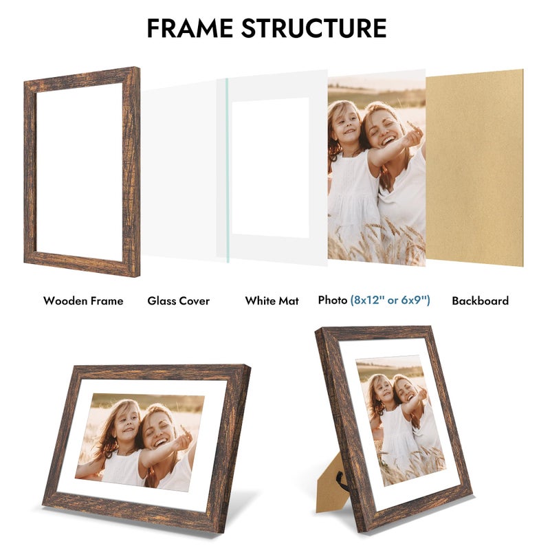 Hongkee 8x12 Picture Frame with Glass, Display Pictures 6x9 with Mat or 8 x 12 without Mat - Wall and Tabletop, 8 by 12 Photo Wooden Frames (Rustic Brown, 1 Pack) - Image 5
