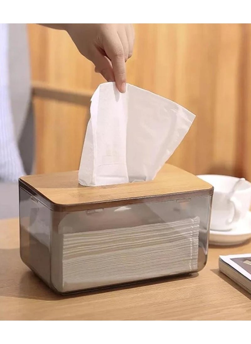 Generic Modern Tissue Box with Wooden Lid – Transparent Acrylic Dispenser for Home, Office, or Cafe  - Image 1