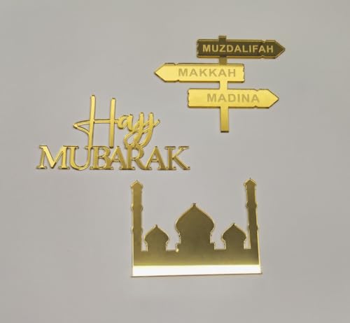 MEYA توبير كعكة حج مبارك هدية حج أكريليك توبير لعيد الفطر عيد الأضحى زينة حفلات استقبال المولود عيد ميلاد ديكورات مرآة ذهبية - Image 1