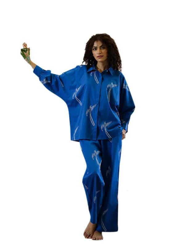 SAY Women Night Suits Pajama Sets, Pure Cotton, Animal Printed, Blue Color, Long Sleeve, Night Suit for Women, Sleep Suit - (SE-NSP-590_3XL) - Image 1
