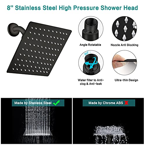 Tudoccy Shower Head, 8‘’ High Pressure Rainfall Shower Head/Handheld Shower Combo with 11'' Extension Arm, 9 Settings Anti-leak Shower Head with Holder, Height/Angle Adjustable, Matte Black - Image 3