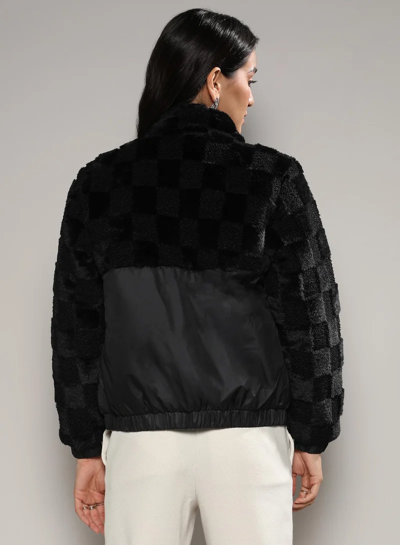 كامبوس سوترا Women's Carbon Black Fleece Self-Design Buffalo Check Jacket