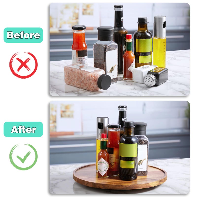 Bivvclaz 12" Acacia Wood Lazy Susan Turntable Organizer, Lazy Susan for Table Top Cabinet Dining Pantry Countertop Cupboard Organization, Decorative Tray for Kitchen Bathroom Decor Coffee Bar Accessories - Image 4