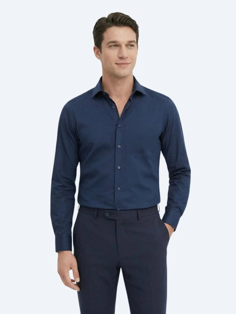 Kip Navy Blue Plain Slim Fit Long Weaving Classical 100% Cotton Shirt