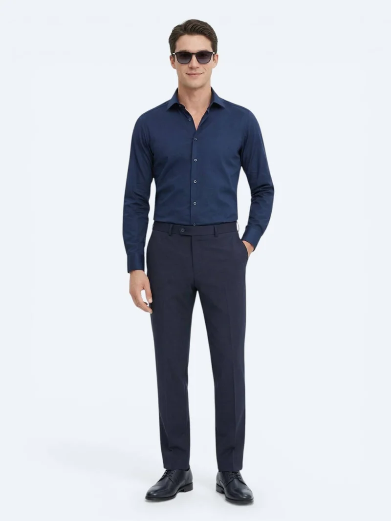 Kip Navy Blue Plain Slim Fit Long Weaving Classical 100% Cotton Shirt