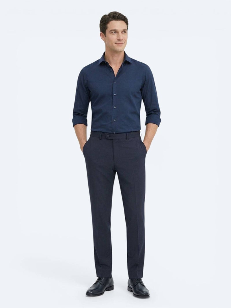 Kip Navy Blue Plain Slim Fit Long Weaving Classical 100% Cotton Shirt - Image 5
