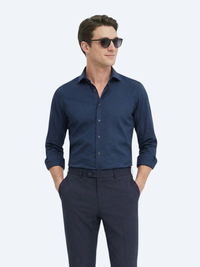 Kip Navy Blue Plain Slim Fit Long Weaving Classical 100% Cotton Shirt - Image 3