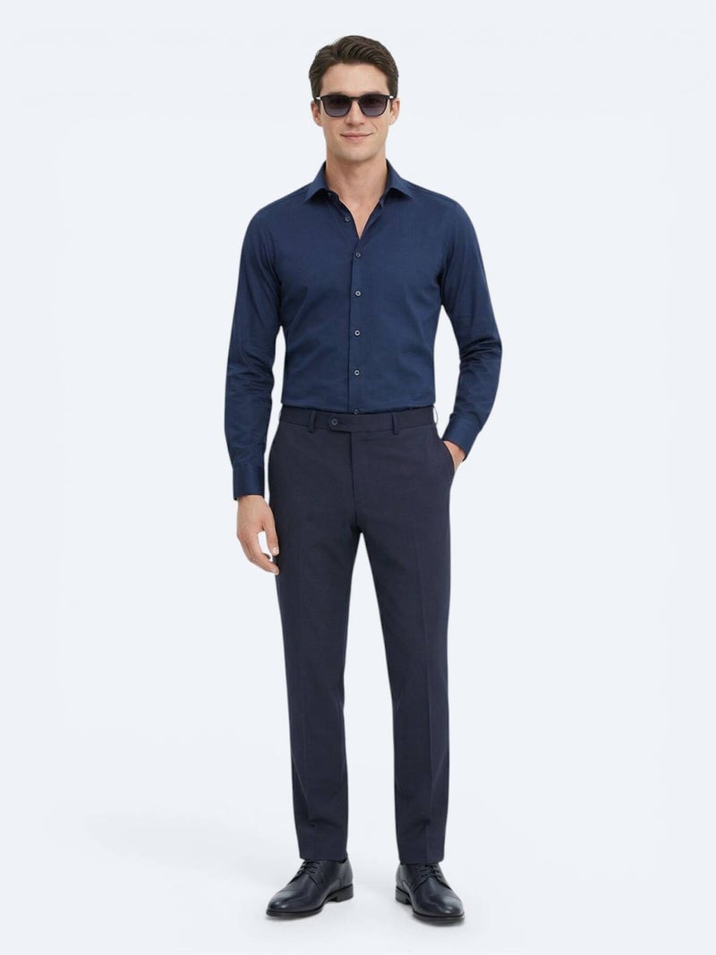 Kip Navy Blue Plain Slim Fit Long Weaving Classical 100% Cotton Shirt - Image 2