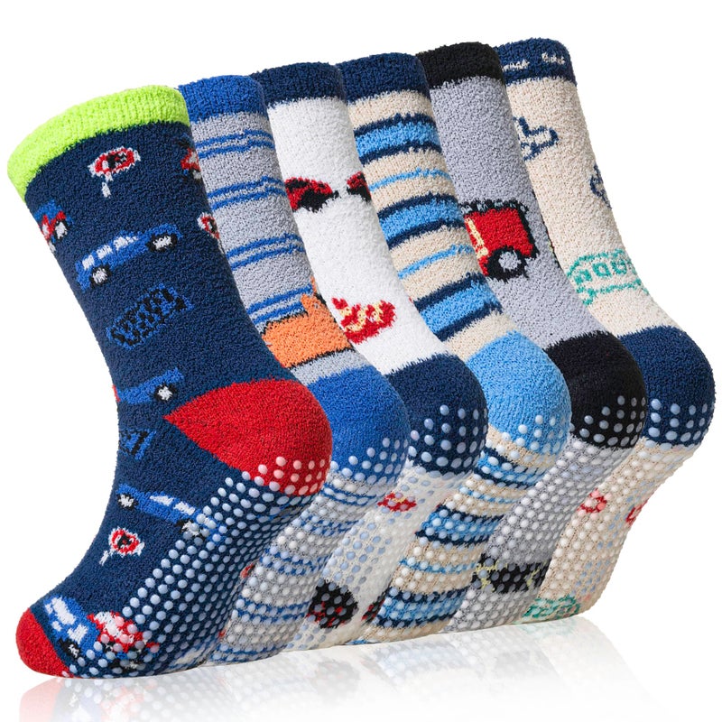 Eyean Kids Fuzzy Socks Non Slip Soft Fluffy Slipper Grips Socks Warm Plush Cozy Cabin Boy Girls Crew Socks 6 Pairs (Non Slip-Car, 4-7 Years) - Image 1