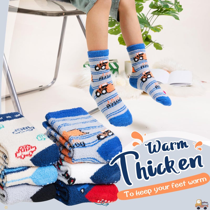 Eyean Kids Fuzzy Socks Non Slip Soft Fluffy Slipper Grips Socks Warm Plush Cozy Cabin Boy Girls Crew Socks 6 Pairs (Non Slip-Car, 4-7 Years) - Image 2