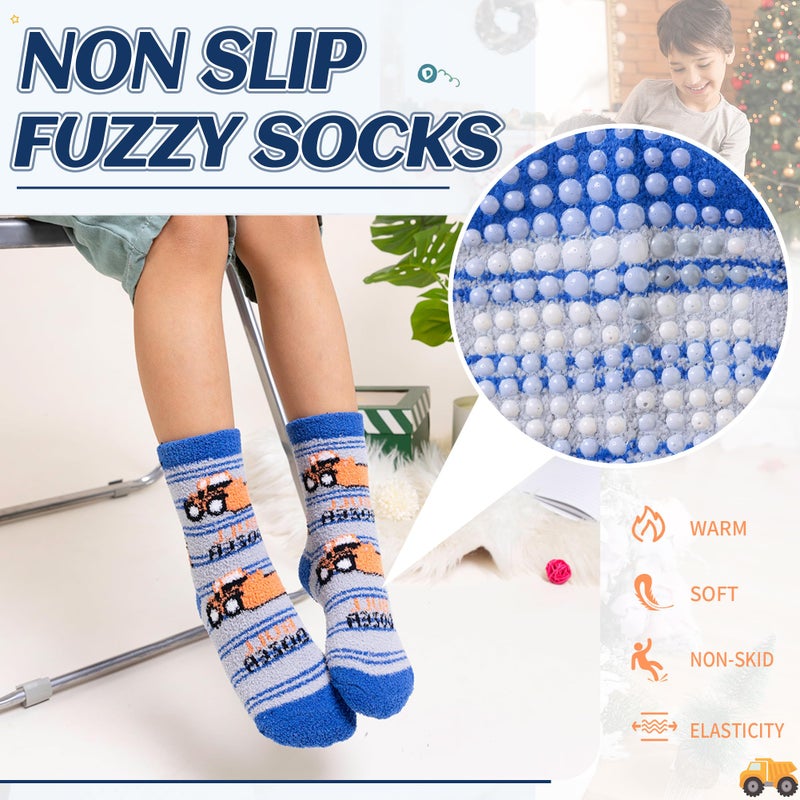 Eyean Kids Fuzzy Socks Non Slip Soft Fluffy Slipper Grips Socks Warm Plush Cozy Cabin Boy Girls Crew Socks 6 Pairs (Non Slip-Car, 4-7 Years) - Image 3