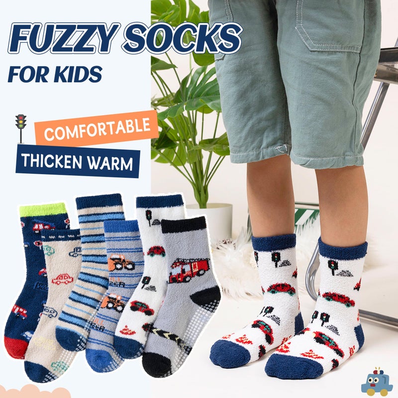 Eyean Kids Fuzzy Socks Non Slip Soft Fluffy Slipper Grips Socks Warm Plush Cozy Cabin Boy Girls Crew Socks 6 Pairs (Non Slip-Car, 4-7 Years) - Image 5