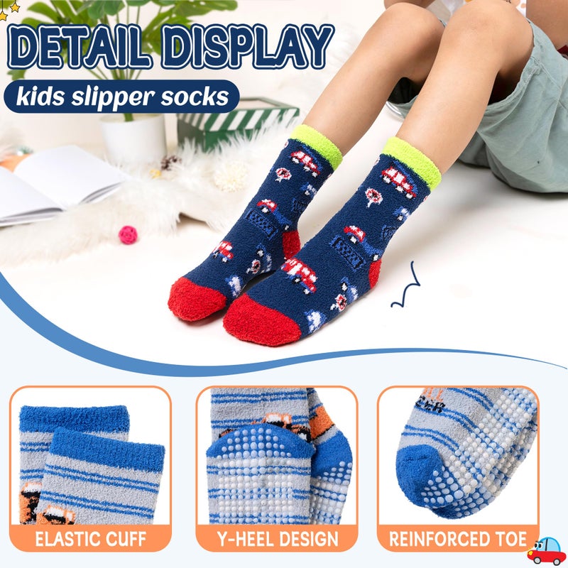 Eyean Kids Fuzzy Socks Non Slip Soft Fluffy Slipper Grips Socks Warm Plush Cozy Cabin Boy Girls Crew Socks 6 Pairs (Non Slip-Car, 4-7 Years) - Image 4