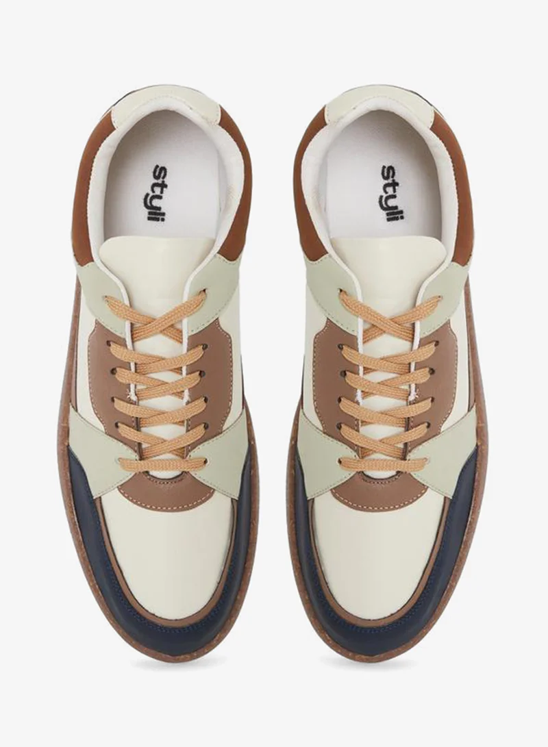Styli Cream Men Color Block Lace Up Sneakers for Men | Best Price UAE