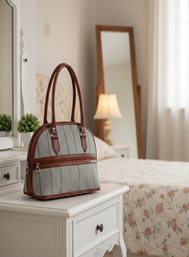C Classic Dome Shaped Handbag with Brown Leather Trim, Striped Canvas Design, Available in Colour Options, Daily Use Shoulder Bag (Grey) - Image 4
