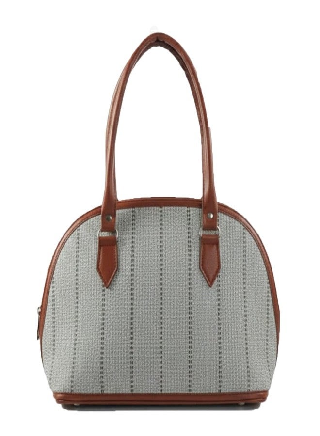 C Classic Dome Shaped Handbag with Brown Leather Trim, Striped Canvas Design, Available in Colour Options, Daily Use Shoulder Bag (Grey) - Image 3