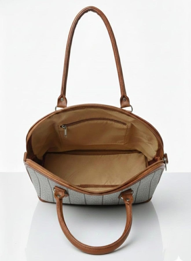C Classic Dome Shaped Handbag with Brown Leather Trim, Striped Canvas Design, Available in Colour Options, Daily Use Shoulder Bag (Grey) - Image 2