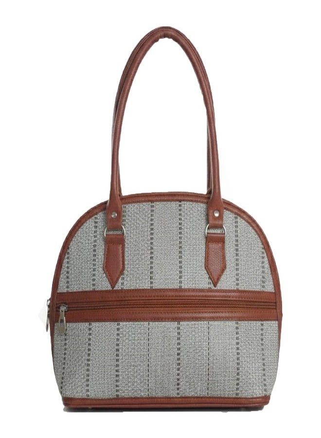 C Classic Dome Shaped Handbag with Brown Leather Trim, Striped Canvas Design, Available in Colour Options, Daily Use Shoulder Bag (Grey) - Image 1