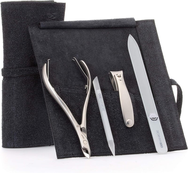 GERMANIKURE 4pc Manicure Set in Black Suede Case - FINOX Stainless Steel Tools Made in Germany, Glass Nail Care Supplies Made in Czech Republic – Professional Cuticle and Nail Care Kit