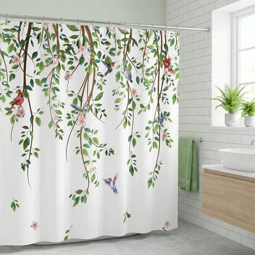 ZCHOMI Spring Leaves Birds Shower Curtain Green Hanging Vine Plant with Floral Shower Curtains for Bathroom Waterproof Polyester Fabric Bath Curtain 72 x 72 Inch with 12 Hooks - Image 2