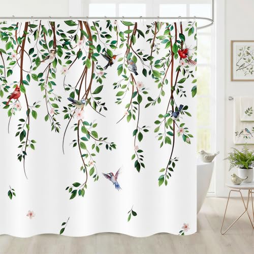 ZCHOMI Spring Leaves Birds Shower Curtain Green Hanging Vine Plant with Floral Shower Curtains for Bathroom Waterproof Polyester Fabric Bath Curtain 72 x 72 Inch with 12 Hooks - Image 3