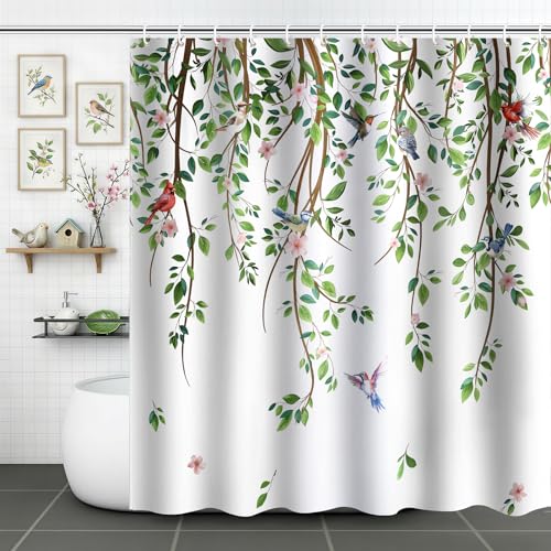 ZCHOMI Spring Leaves Birds Shower Curtain Green Hanging Vine Plant with Floral Shower Curtains for Bathroom Waterproof Polyester Fabric Bath Curtain 72 x 72 Inch with 12 Hooks - Image 1