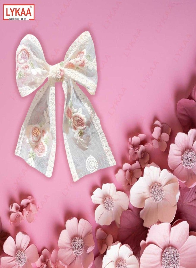 LYKAA Big Lace Bow Hair pin For Women Flower White Bow with Foral Embroidery For Girls Clips in Function Party Headpin White Hair Accessories Best Gift (Pack of 1) - Image 5