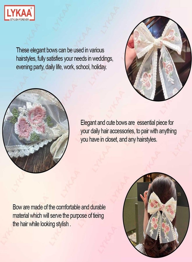 LYKAA Big Lace Bow Hair pin For Women Flower White Bow with Foral Embroidery For Girls Clips in Function Party Headpin White Hair Accessories Best Gift (Pack of 1) - Image 3