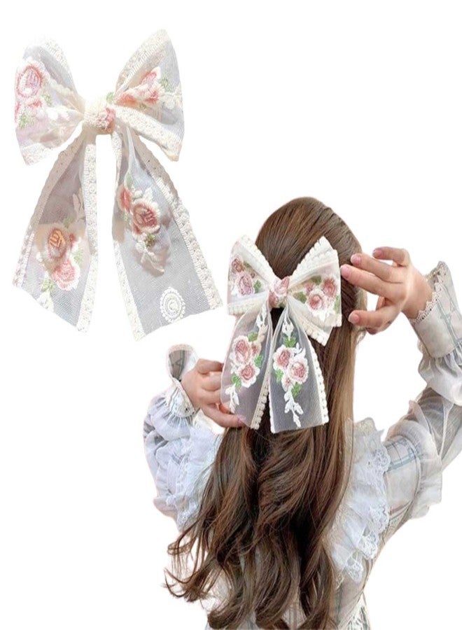 LYKAA Big Lace Bow Hair pin For Women Flower White Bow with Foral Embroidery For Girls Clips in Function Party Headpin White Hair Accessories Best Gift (Pack of 1) - Image 1