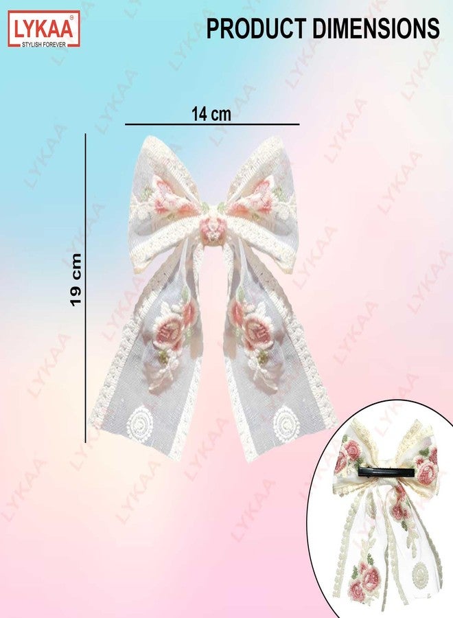 LYKAA Big Lace Bow Hair pin For Women Flower White Bow with Foral Embroidery For Girls Clips in Function Party Headpin White Hair Accessories Best Gift (Pack of 1) - Image 2