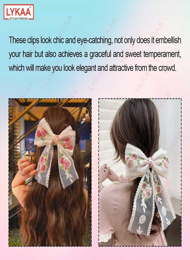 LYKAA Big Lace Bow Hair pin For Women Flower White Bow with Foral Embroidery For Girls Clips in Function Party Headpin White Hair Accessories Best Gift (Pack of 1) - Image 4