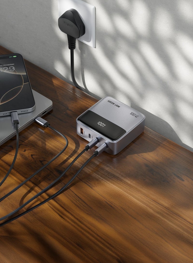 100W GaNPremium UK Plug terminal Adapter with Triple USB-C & USB-A Ports / 60W QC3.0 Output / Multiple Protection / Flame Retardant PC / Fast Charging Adapter / Multiple USB Charging - Grey