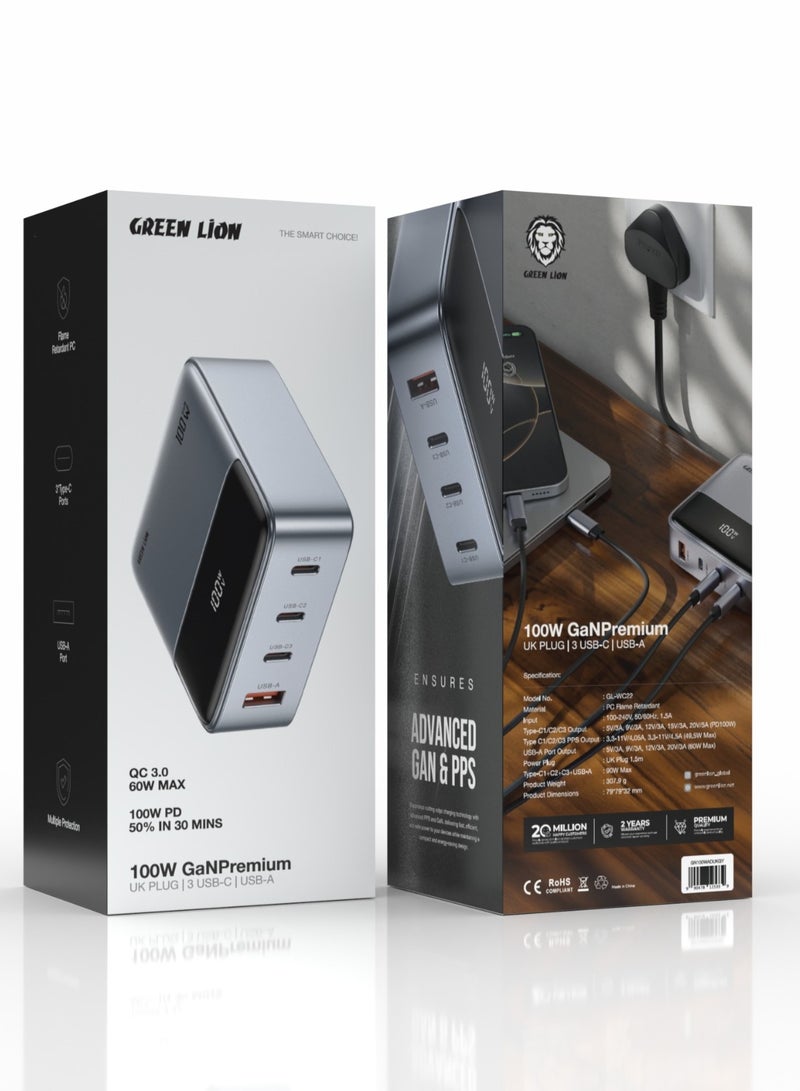 100W GaNPremium UK Plug terminal Adapter with Triple USB-C & USB-A Ports / 60W QC3.0 Output / Multiple Protection / Flame Retardant PC / Fast Charging Adapter / Multiple USB Charging - Grey