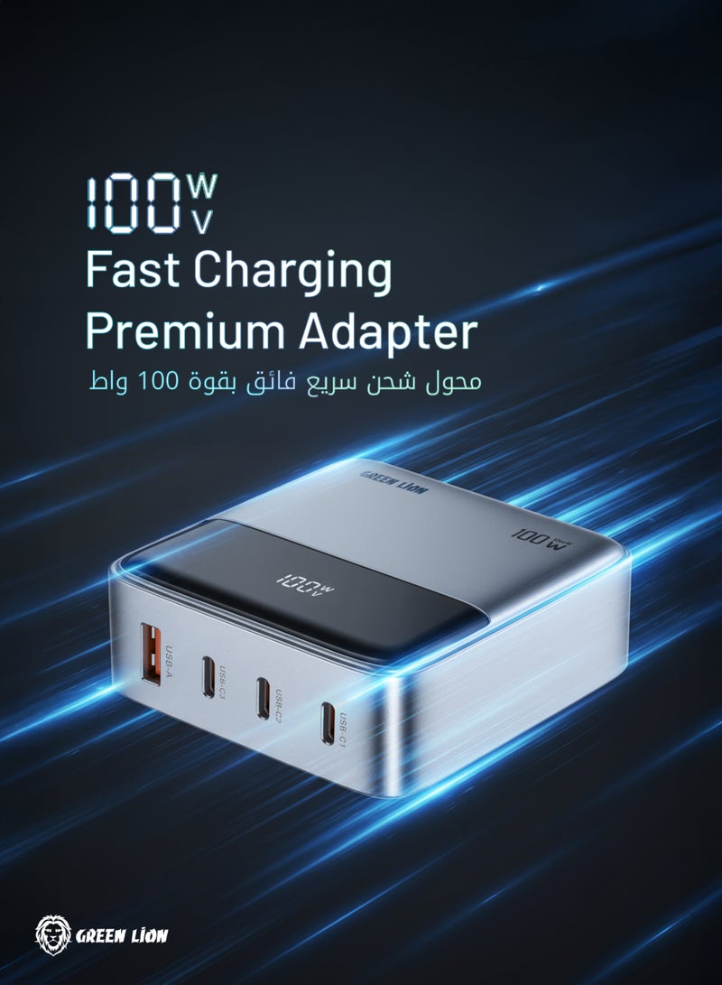 جرين ليون محول طرفي GaNPremium UK Plug بقوة 100 وات مع ثلاثة منافذ USB-C وUSB-A / مخرج QC3.0 بقوة 60 وات / حماية متعددة / كمبيوتر مقاوم للهب / محول شحن سريع / شحن USB متعدد - رمادي - Image 3