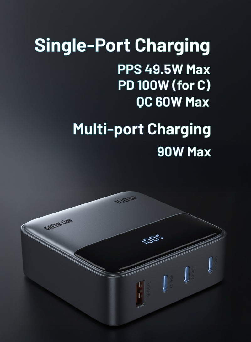 جرين ليون محول طرفي GaNPremium UK Plug بقوة 100 وات مع ثلاثة منافذ USB-C وUSB-A / مخرج QC3.0 بقوة 60 وات / حماية متعددة / كمبيوتر مقاوم للهب / محول شحن سريع / شحن USB متعدد - رمادي - Image 2