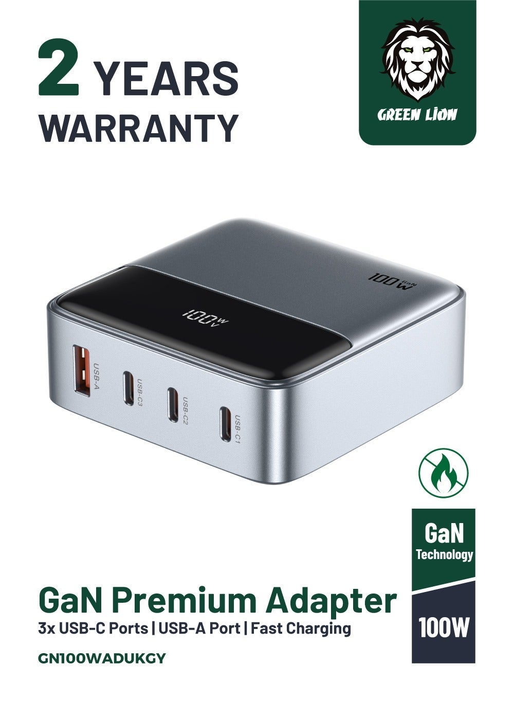 100W GaNPremium UK Plug terminal Adapter with Triple USB-C & USB-A Ports / 60W QC3.0 Output / Multiple Protection / Flame Retardant PC / Fast Charging Adapter / Multiple USB Charging - Grey