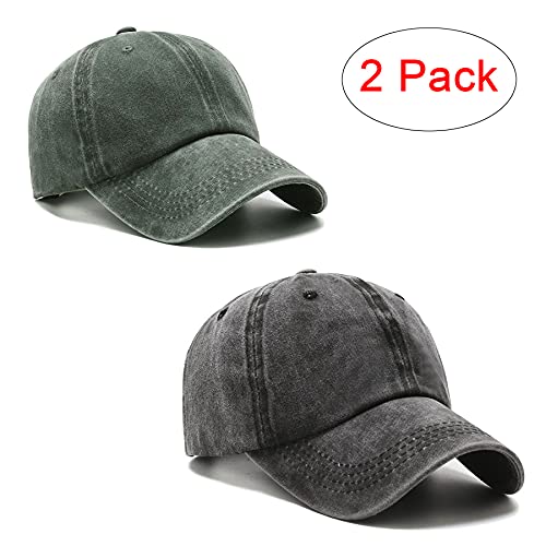 PFFY 2 Packs Vintage Washed Distressed Baseball Cap Dad Golf Hat Black+DarkGreen - Image 2