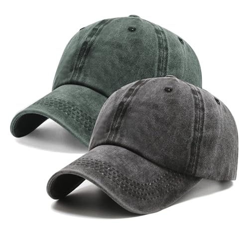 PFFY 2 Packs Vintage Washed Distressed Baseball Cap Dad Golf Hat Black+DarkGreen - Image 1