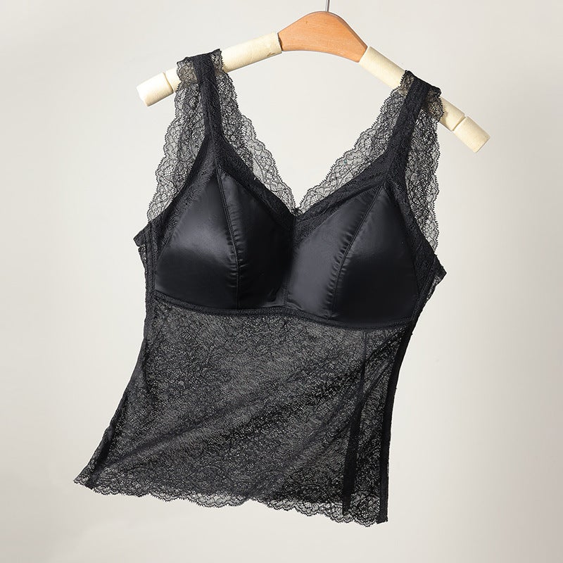 Lace Satin Camisole With Integrated Fixed Cup, Beautiful Back, Feminine Base Layer, Fashionable Thin Bra For Outerwear - Image 1