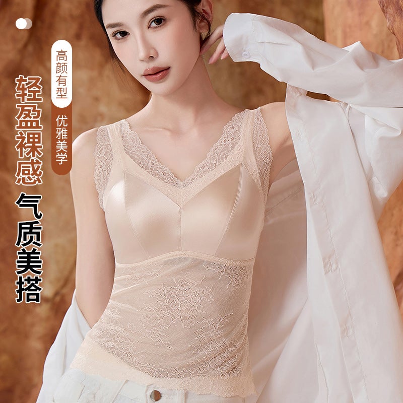 Lace Satin Camisole With Integrated Fixed Cup, Beautiful Back, Feminine Base Layer, Fashionable Thin Bra For Outerwear - Image 3