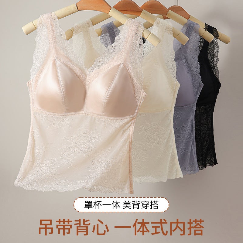 Lace Satin Camisole With Integrated Fixed Cup, Beautiful Back, Feminine Base Layer, Fashionable Thin Bra For Outerwear - Image 4