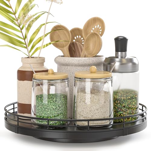 Oroyutor 9" Oak Wood Lazy Susan Turntable Organizer, Lazy Susan for Cabinet Dining Table Pantry Wood Rotating Tray for Kitchen Countertop Coffee Table Decor Spinning Spice Can Organization and Storage Black - Image 1