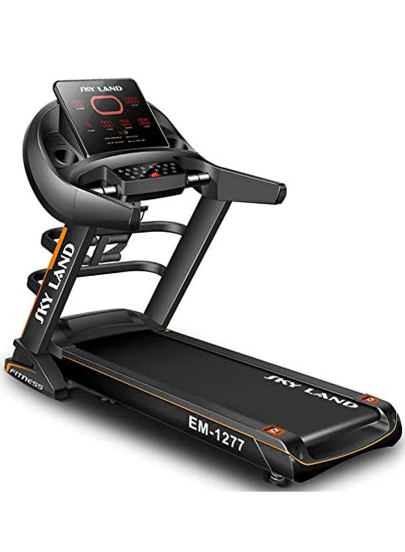 سكاي لاند جهاز المشي القابل للطي بمحرك بقوة 5.5 حصان | مكبر صوت بلوتوث، مدلك مدمج، ميل تلقائي | جهاز جري هادئ للياقة البدنية في المنزل | شاشة LED، امتصاص الصدمات، سعة 130 كجم | EM-1277 - Image 1
