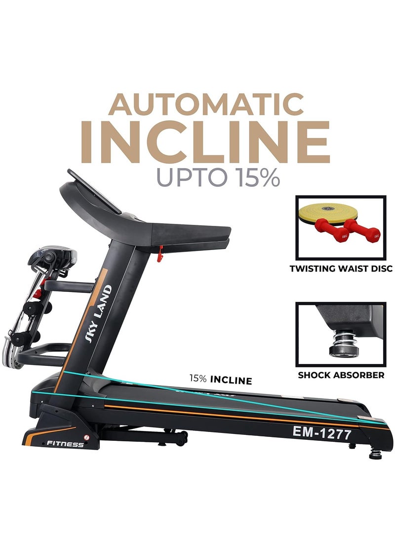 سكاي لاند جهاز المشي القابل للطي بمحرك بقوة 5.5 حصان | مكبر صوت بلوتوث، مدلك مدمج، ميل تلقائي | جهاز جري هادئ للياقة البدنية في المنزل | شاشة LED، امتصاص الصدمات، سعة 130 كجم | EM-1277 - Image 2