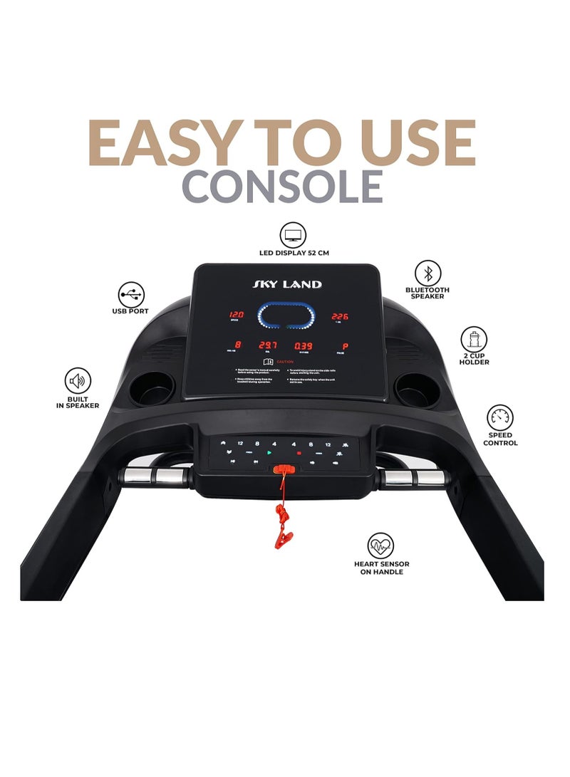 سكاي لاند جهاز المشي القابل للطي بمحرك بقوة 5.5 حصان | مكبر صوت بلوتوث، مدلك مدمج، ميل تلقائي | جهاز جري هادئ للياقة البدنية في المنزل | شاشة LED، امتصاص الصدمات، سعة 130 كجم | EM-1277 - Image 3