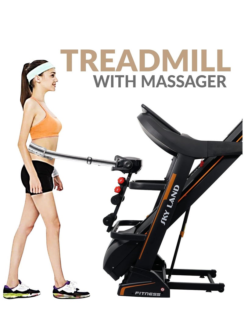 سكاي لاند جهاز المشي القابل للطي بمحرك بقوة 5.5 حصان | مكبر صوت بلوتوث، مدلك مدمج، ميل تلقائي | جهاز جري هادئ للياقة البدنية في المنزل | شاشة LED، امتصاص الصدمات، سعة 130 كجم | EM-1277 - Image 5