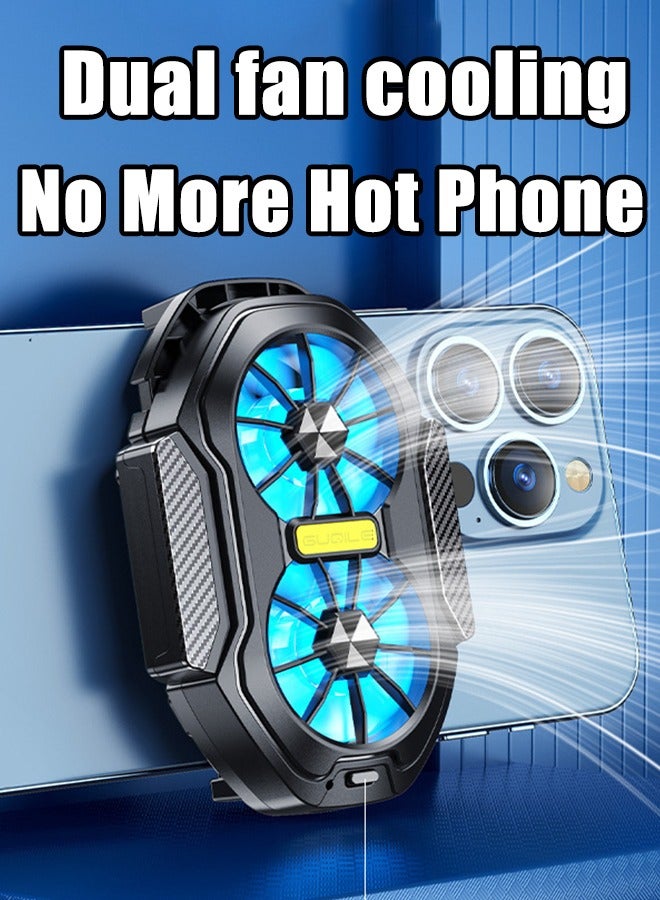 Phone Cooler with LED Light, Dual Fan USB Rechargeable Mobile Cooling Fan without Noise, Cellphone Radiator for Playing Games Tiktok for Universal iPhone/Android Smartphone - Image 1