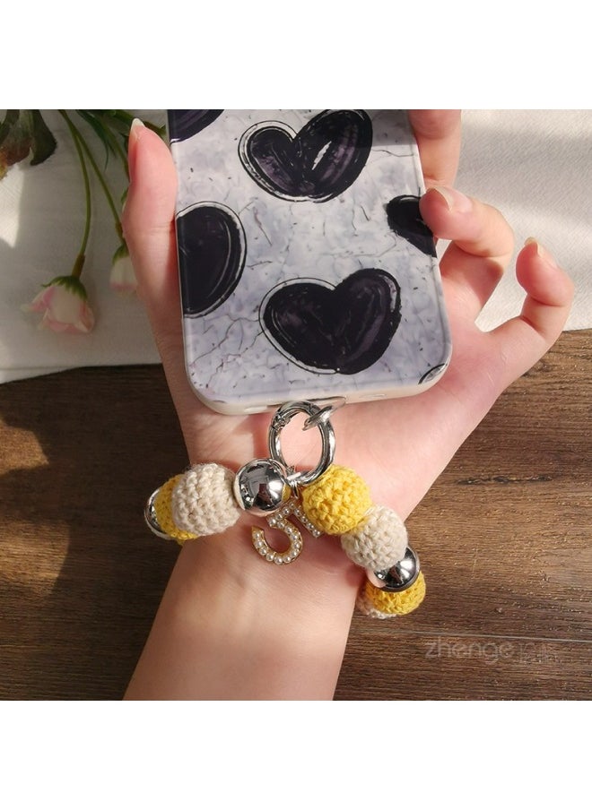 Generic - No. 5 Wool Electroplated Beaded Bracelet Mobile Phone Lanyard Short Wrist Ins Women's Elastic Rope String Chain Stretchable Winter-Specifications Support Image Upload:[Yellow] No. 5 Wool Electroplated Beaded Bracelet + Transparent Card - Image 1