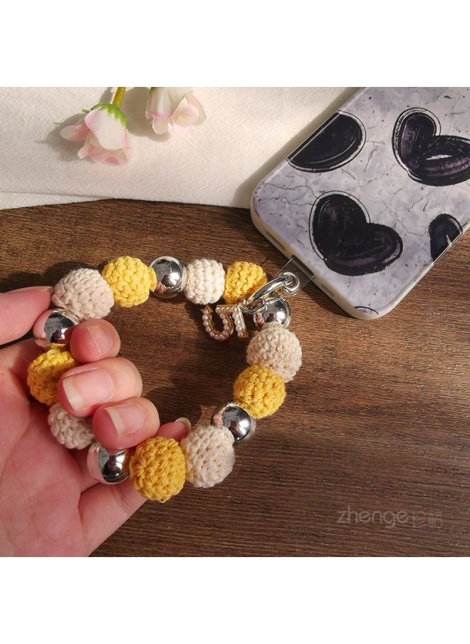 Generic - No. 5 Wool Electroplated Beaded Bracelet Mobile Phone Lanyard Short Wrist Ins Women's Elastic Rope String Chain Stretchable Winter-Specifications Support Image Upload:[Yellow] No. 5 Wool Electroplated Beaded Bracelet + Transparent Card - Image 1